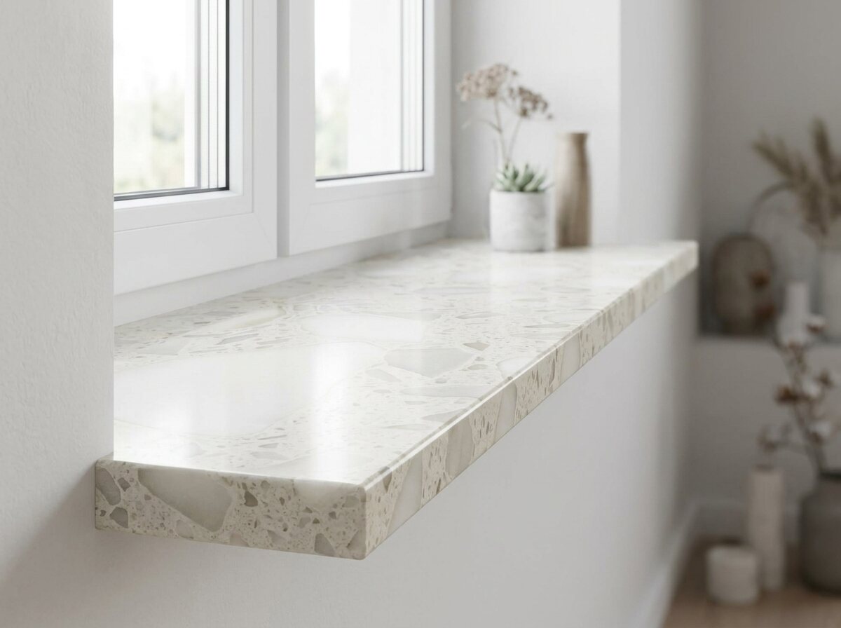 Elegancki parapet wewnętrzny z konglomeratu Botticino w jasnym wnętrzu